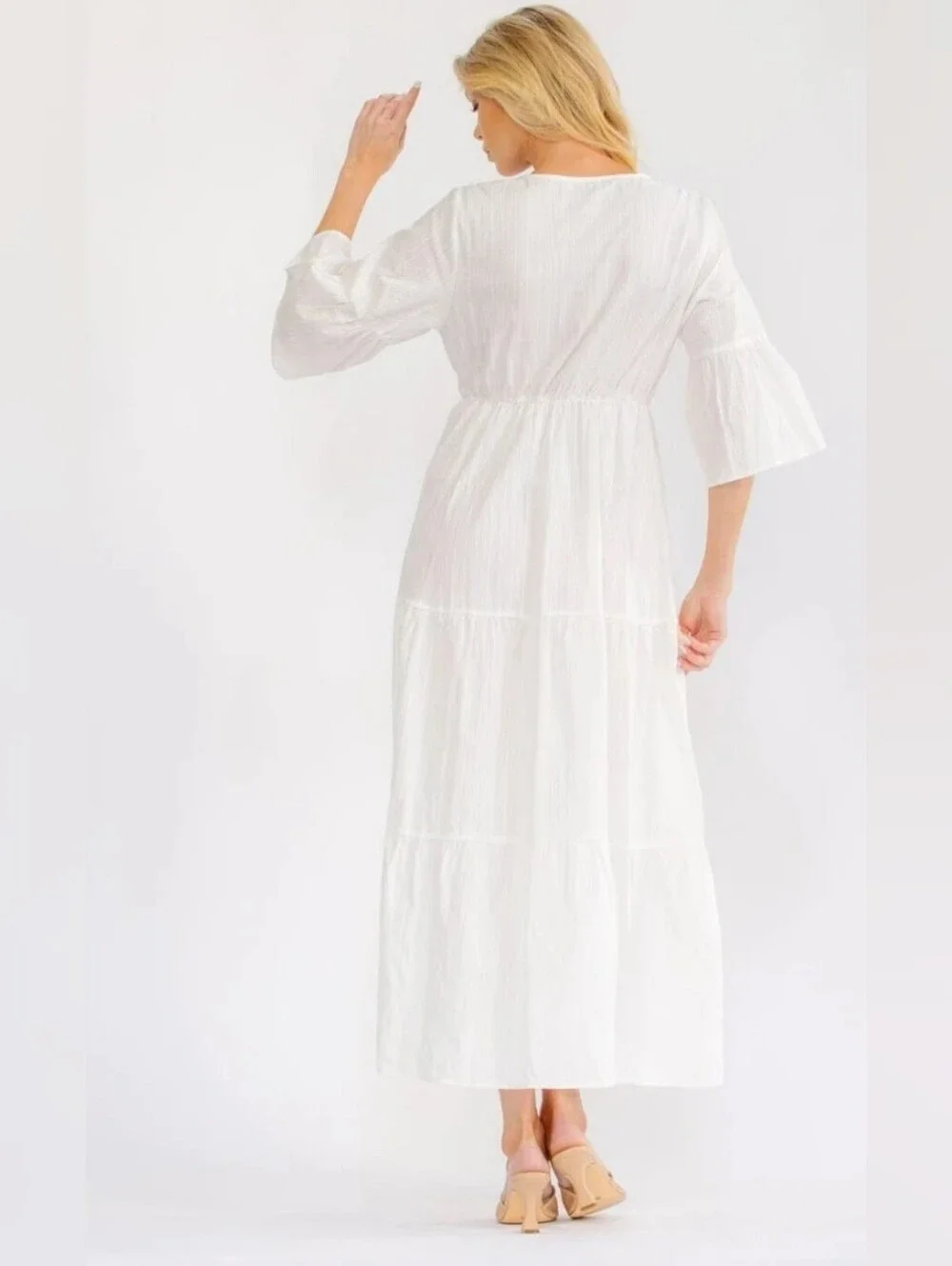 Boho Embroidered V-Neck Maxi Dress - Ivory with Gold Accents